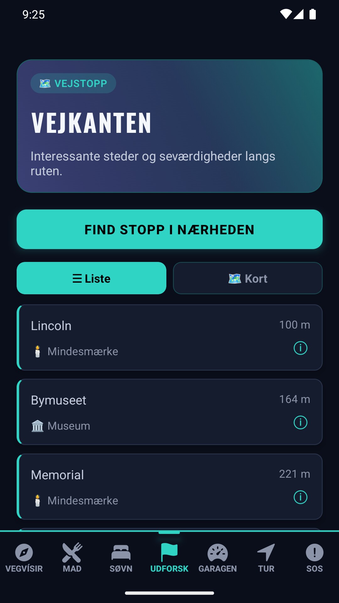Vejstop-skærm — interessante steder og seværdigheder langs ruten